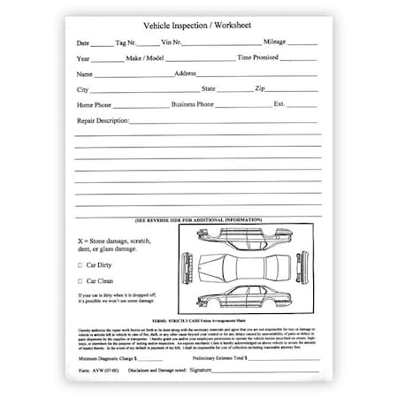 Asp Vehicle Inspection Worksheet, 8 1/2" X 11", 100 Sheets Per Pad 7295